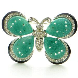 Vintage Jade Resin & Black Enamel Crystal Pavé Butterfly Brooch